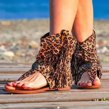 

Sandals For Women Tassel Leopard Print Gladiator Ladies Flats Summer Sexy Woman Clip Toe Boots Beach Women's Sandal Female Shoes