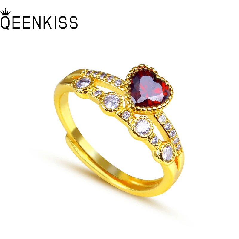 QEENKISS RG532 2021 Fine Jewelry Wholesale Fashion Woman Girl Birthday Wedding Gift 24KT Gold Heart AAA Zircon Resizable Ring | Украшения и