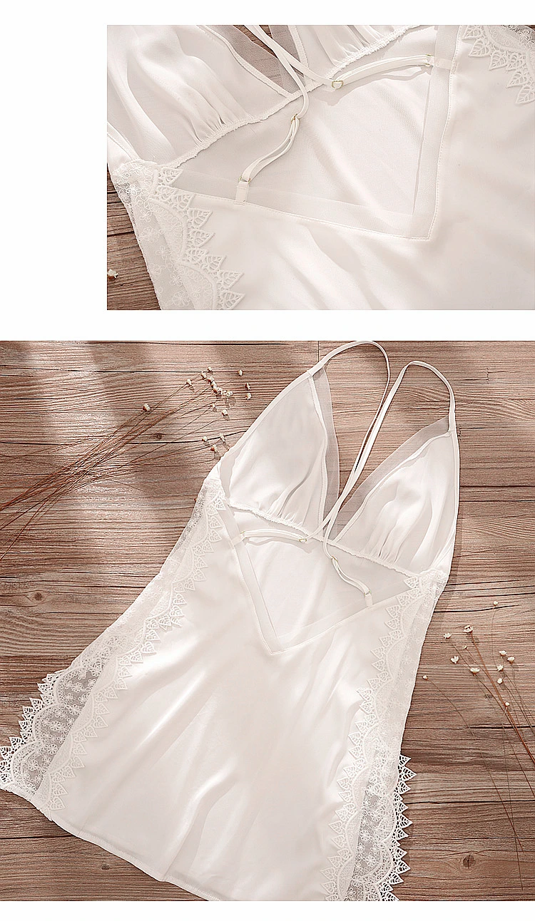 Летняя Сексуальная кружевная Женская шелковая атласная ночная рубашка, Белая Мини-ночная рубашка, ночная рубашка, женская одежда для сна, дамское белье