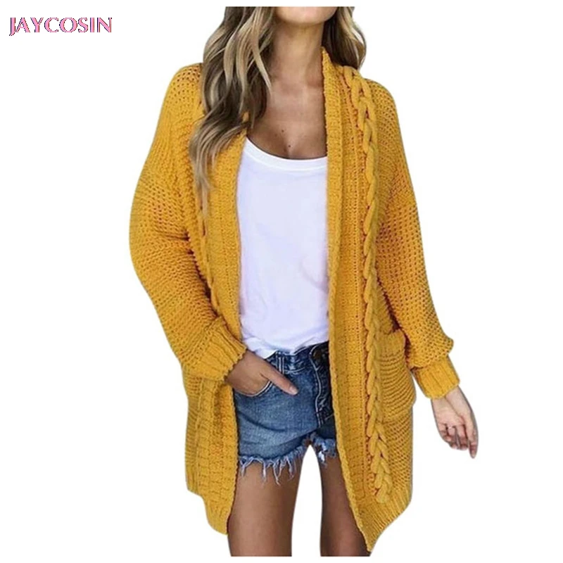 JAYCOSIN 2020 Sweater Women Casual Long Sleeve Yellow Solid Cardigan Coat With Pockets Manteau femelle Drop #1214 |