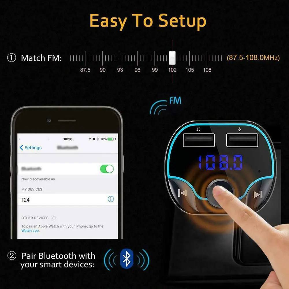 T24 Bluetooth автомобильный портативный универсальный простой в эксплуатации стабильный Черный MP3 плеер ABS без потерь FM Быстрая зарядка Handsfree телефон