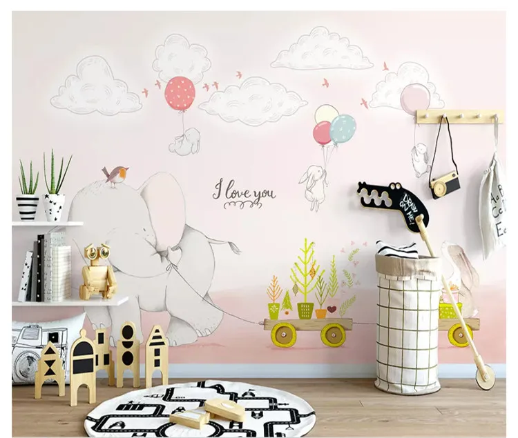 

Hand-painted personality wall paper elephant white rabbit illustration children's room sofa TV background 3d wallpaper