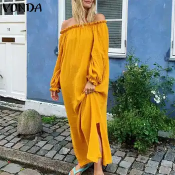 

Bohemian Dress Women Off Shoulder Lantern Sleeve Maxi Long Dress Beach Summer Sundress VONDA 2020 Casual Vestidos Plus Size