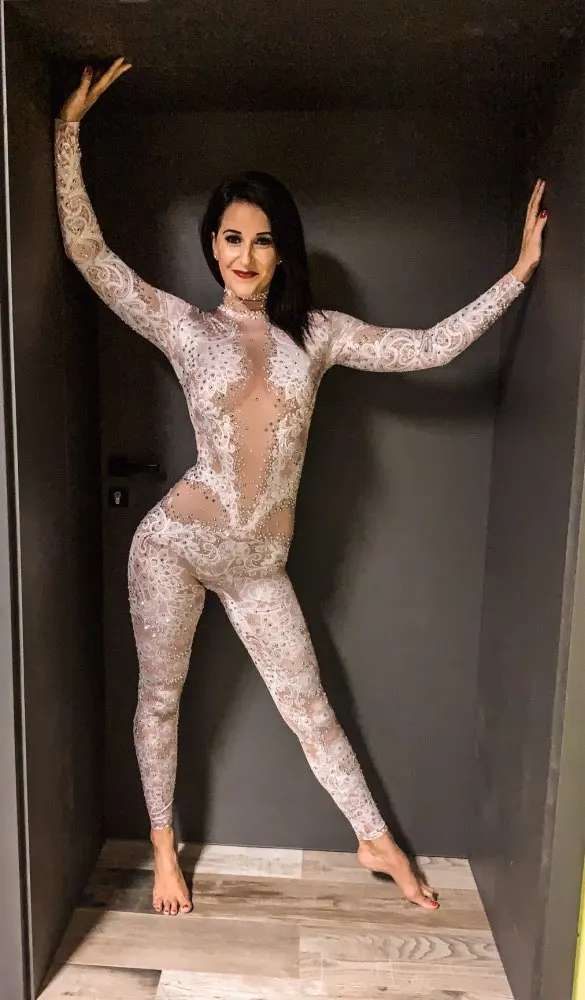 Najtaniej Moda kombinezon stras legginsy Stretch seksowny kostium kobiety impreza w klubie nocnym nosić taniec body moda pajacyki