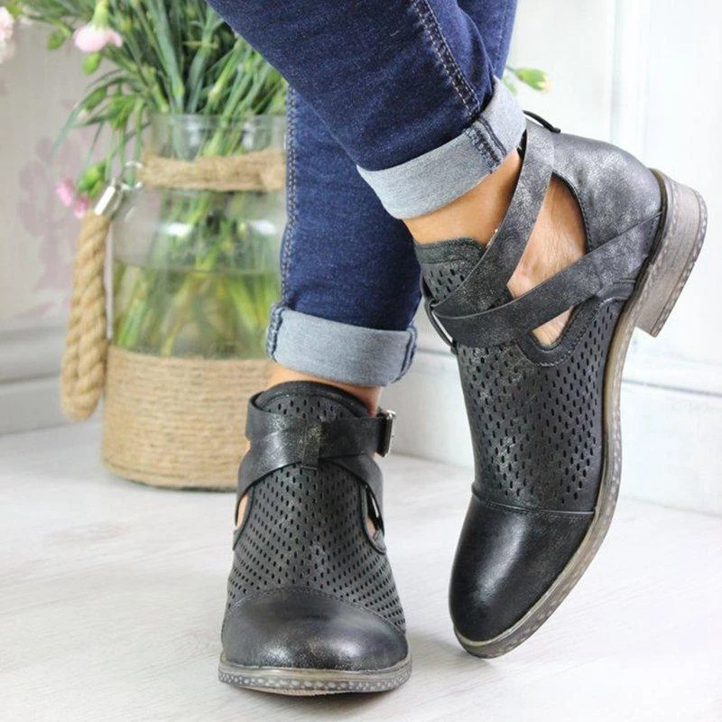 

LOOZYKIT 2019 New Fashion Autumn Women Mid Heels Shoes For Female PU Leather Ankle Boots Rivet Buckle Daily Shoes Boots