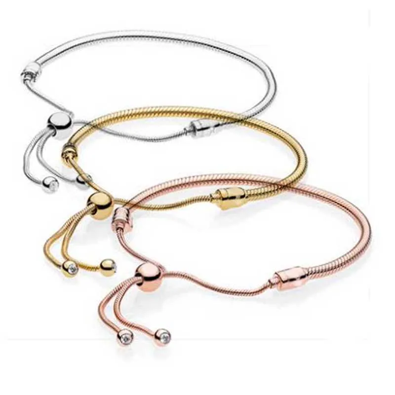 Новинка, настоящее 925 пробы, серебро/розовое золото/золото, Золотой блестящий мгновенный скользящий браслет, Подходит для европейских шармов, сделай сам, ювелирное изделие