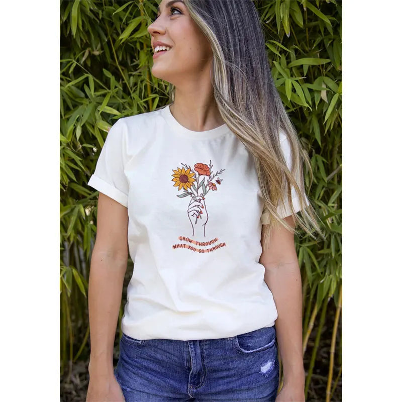 

Women Grow Through What You Go Through Colored Print T Shirt Vintage Botanical Flower Tee Top Summer Inspirational Quote Tshirt