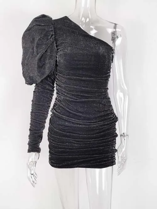 JillPeri, женское модное мини-платье с большим пышным рукавом на одно плечо, блестящая галактика, модная верхняя одежда с рюшами, Сексуальные вечерние платья знаменитостей - Цвет: Black