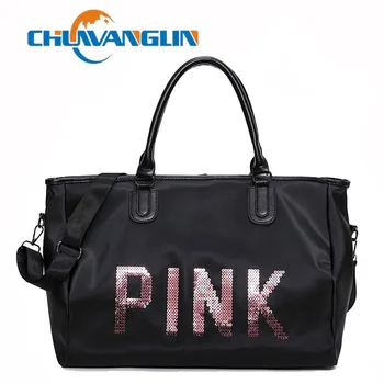 

Chuwanglin Fashion Casual travel Bag Oxford Cloth Bag Pink Sequin Letter Women's Handbag Large Capacity Luggage Bag LYZ81701