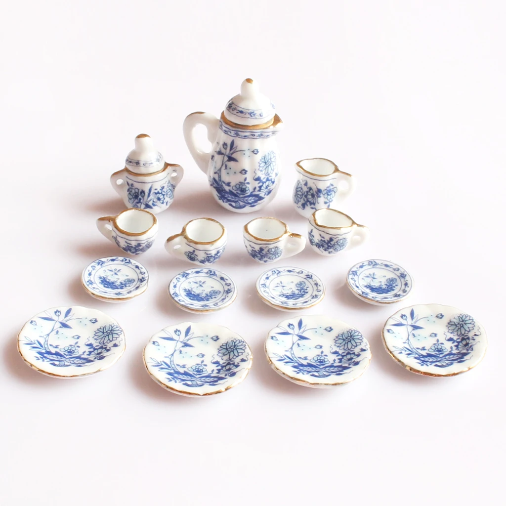 15 pcs Dollhouse Miniature Dining Ware Porcelain Tea Set Blue Flower 