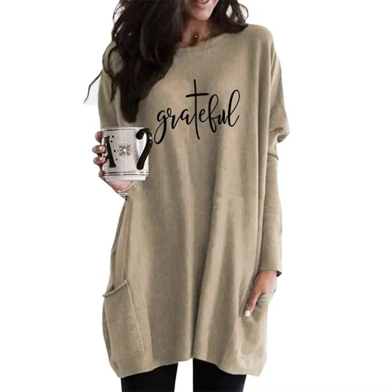 

2019 New Fashion T-Shirt For Women Grateful Letters Print Long Sleeve Casual Pocket T-Shirt Female Plus Size Women Top Off The