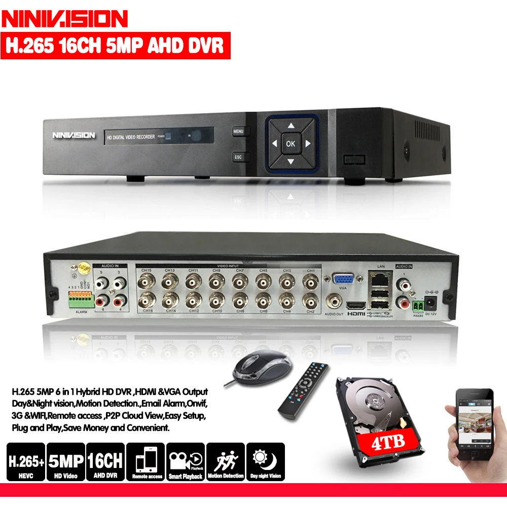 16 канальный AHD DVR 4MP 16CH AHD/CVI/TVI 4M CCTV видеорегистратор гибридный NVR HVR 5 в 1 для системы