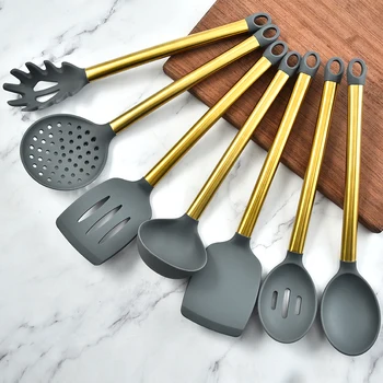 

Kitchen Accessories Silicone Cooking Utensils Set Heat Resistant Kitchen Non-Stick Cooking Tools With Gold Plating Handle