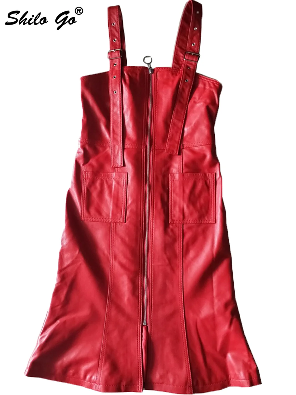 Genuine Leather Dress Elegant Slit Hem Zip Front Strap Sleevelss Long Dress Women Autumn Vintage Solid Slim Mid Calf Dresses