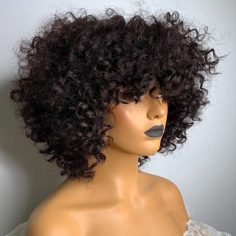 Short Curly Pixie Cut Bob Human Hair Wig With Bangs Full Machine Wigs For Black Women Remy PrePlucked With Baby Hair Brazilian human hair wigs