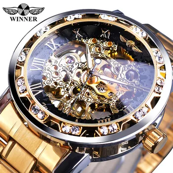 Reloj de pulsera de lujo para hombre, cronógrafo con movimiento luminoso de diamante, transparente, diseño real de esqueleto mecánico