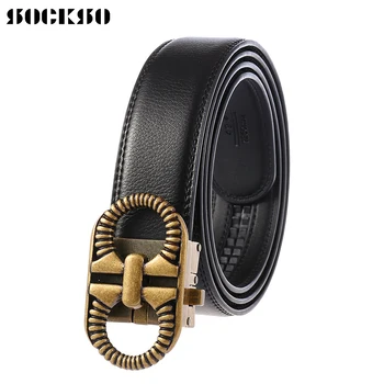 

NEW 2020 Cow Automatic Buckle Men's Belt Ratchet with Cowhide Men luxury brand male strap 110-140cm length Leather Belts HJ0271