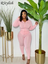 RStylish Women Zipper Long Sleeve Hooded With Pocket Coat Sporty Pant Two Piece Set Workout Plus Size Matching Outfit