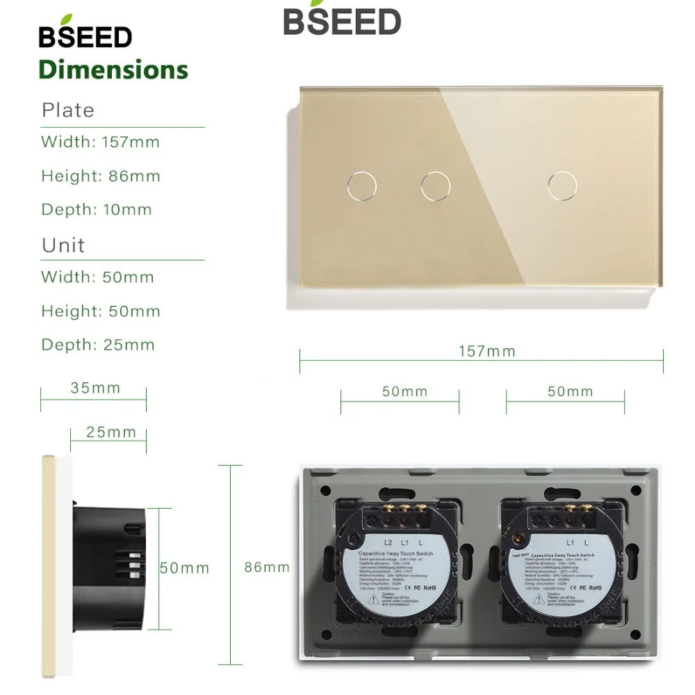 Сенсорный выключатель Bseed, 1 комплект, 2 комплекта, 1 способ, 2 способа, 157 мм, светильник, кристалл, класс, панельный переключатель, белый, черный, золотой