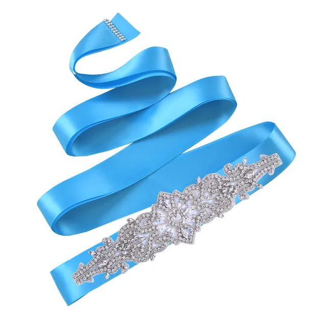 TOPQUEEN S26 Luxury Rhinestones Wedding Dresses Belt Women Crystal Belts for Bride Wedding Waistband Jewel Belts Bridal Sashes Blue ribbon