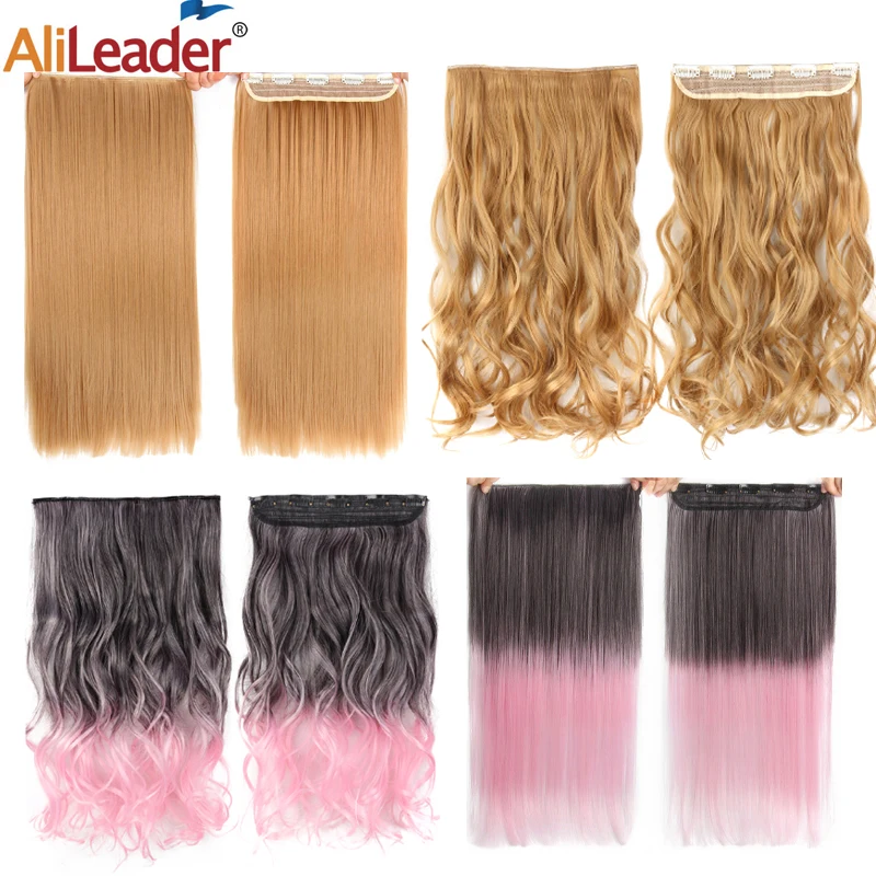 Synthetic 22Inch Clips In Hair Extension Long Straight Synthetic Hair Extensions 5Clip In Ombre Black Brown Red Gray Hairpiece