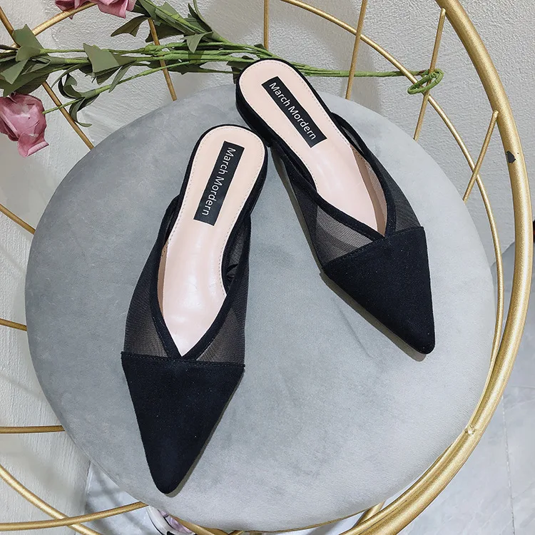 

2019 Winter New Style Pointed-Toe Mesh Flat Trailer Europe And America Fashion Big Brand Lai Drag