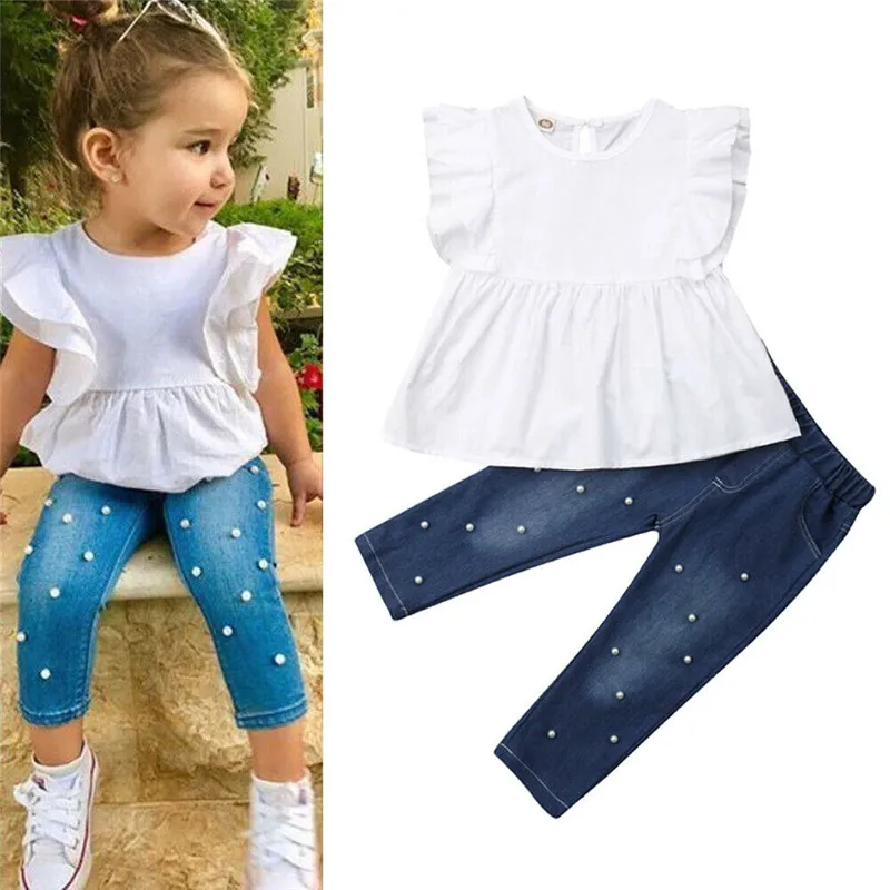 Kids Girl Clothes Sets Ruffle Sleeveless Top Dress Pearl Denim Pants