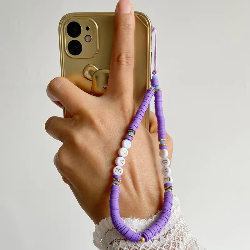 New Multicolor Mobile Phone Chain Handmade Strap Lanyard Beads Smile LOVE Letter Charm Anti-lost Cellphone Case Rope For Women 