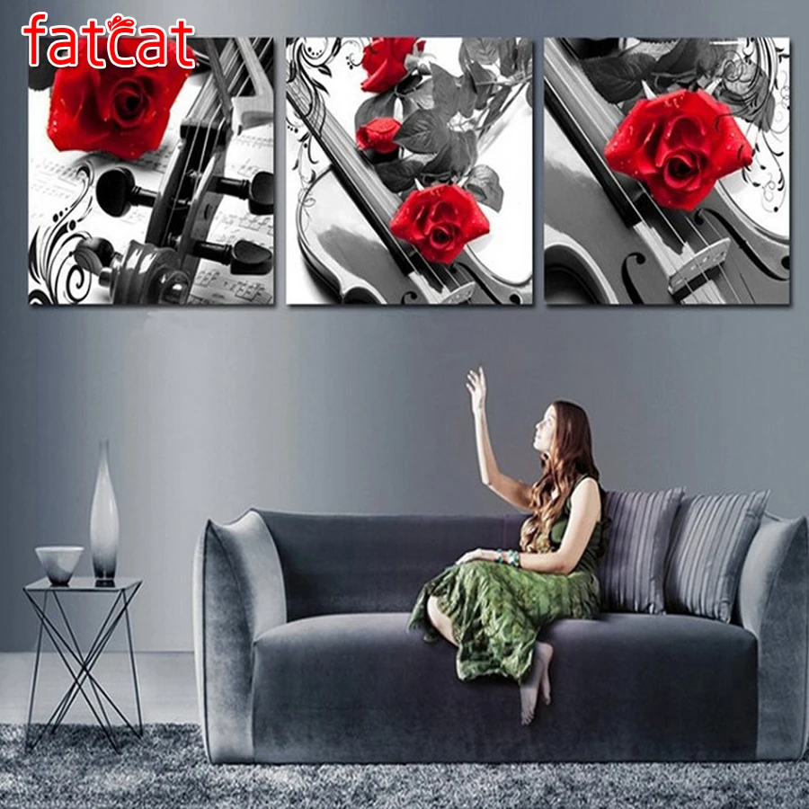 FATCAT triptych paintings 3d diy diamond painting beautiful red roses guitar mosaic Rhinestone full square crystal kit art AE382 | Дом и сад