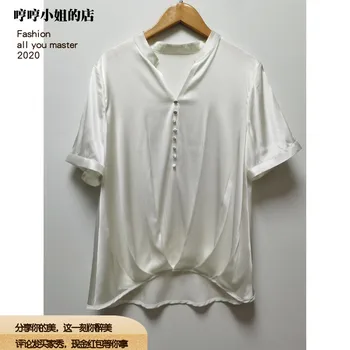 

New 100% silk summer high end mulberry silk V neck 19m silk elastic satin short sleeve basic versatile temperament shirt woman