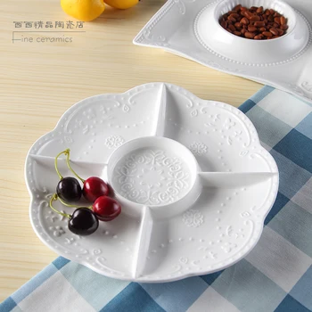 

Plain white embossed porcelain divided plates dishes, ceramic seperate snack serving dishes, bbq buffet dishes fruit candy