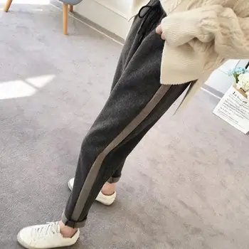 

Winter Thicken Pants Women Elastic Waist Patchwork Woolen Pants High Female Elegant Drawstring Warm Trousers