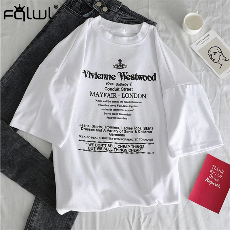 FQLWL Хлопковая женская белая негабаритная футболка с буквенным принтом, Женская Футболка Harajuku, женская летняя футболка, футболка Pulovers