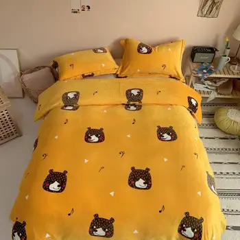 

Music bear Bedding Set Milk velvet print yellow Bed Set Twin Queen King Size Bed Sheet warm Duvet Cover Set pillowcases Bedding