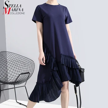 

* New 2020 Women Fashion Summer Solid Blue Asymmetrical Dress Knee Length Hem Ruffled Female Stylish Elegant Dresses Robe 6176