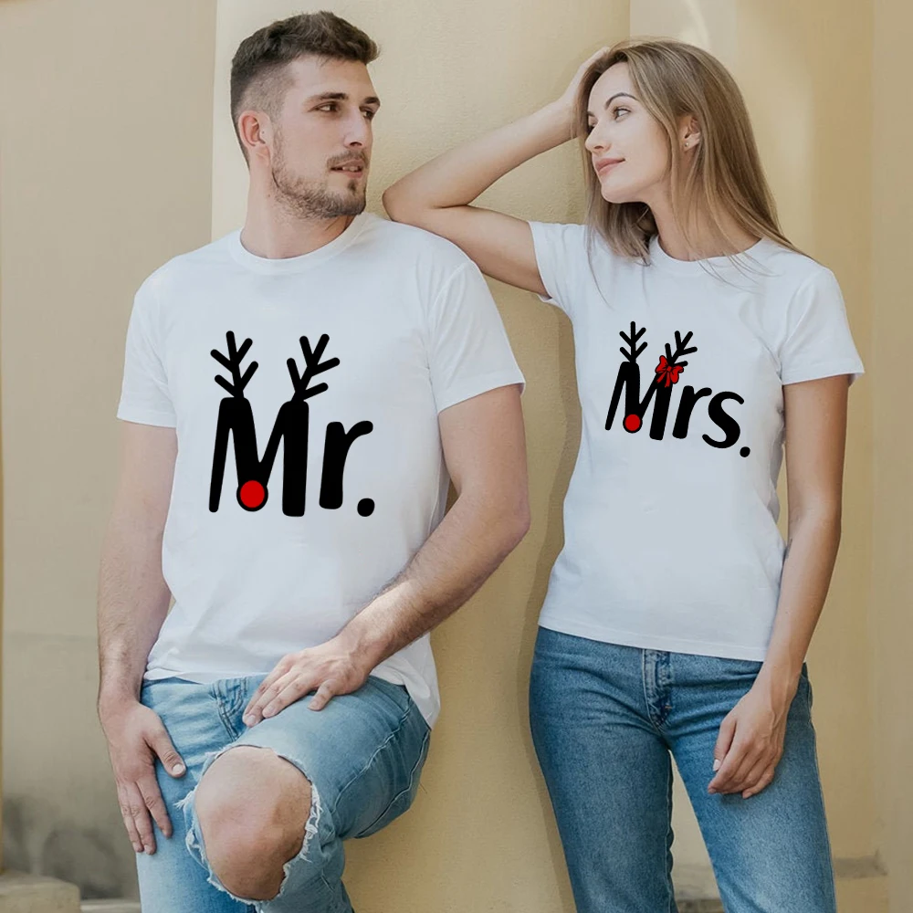 Новогодние майки Mr and Mrs, модные повседневные рождественские футболки Mr and Mrs, Одежда Harajuku, топ, футболка, уличная одежда, парные футболки