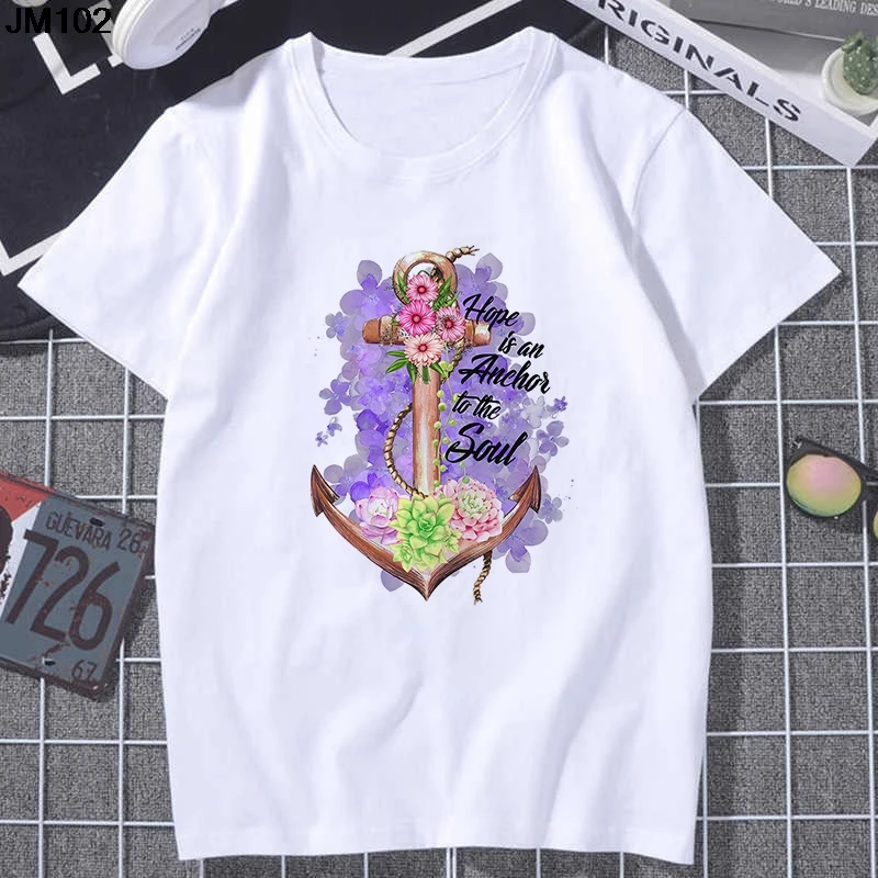 

Футболка женская с принтом якоря, модный белый топ в стиле Харадзюку, Повседневная Уличная одежда с коротким рукавом, на лето