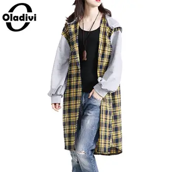 

Oladivi Brand Women Clothing Casual Loose Plaid Shirts Fashion Ladies Faux Two Pieces Hooded Blouses Spring Long Top Tunic Blusa