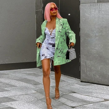 

2019 Autumn Fashion Newspaper Letters Print Coat Woman Elegant Turn-down Collar Long Sleeve Casual Loose Streetwear Blazer Suit