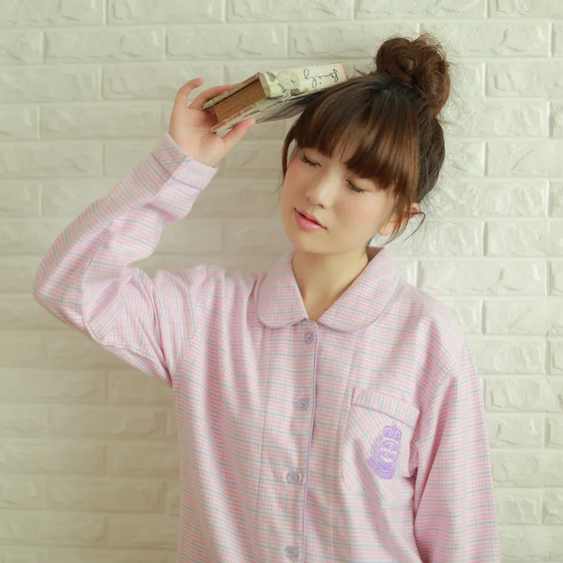 

Long Sleeve Cotton Women's Pajamas Suit Spring and Autumn New Japanese Lapel Embroidery Plaid Home Wear Set