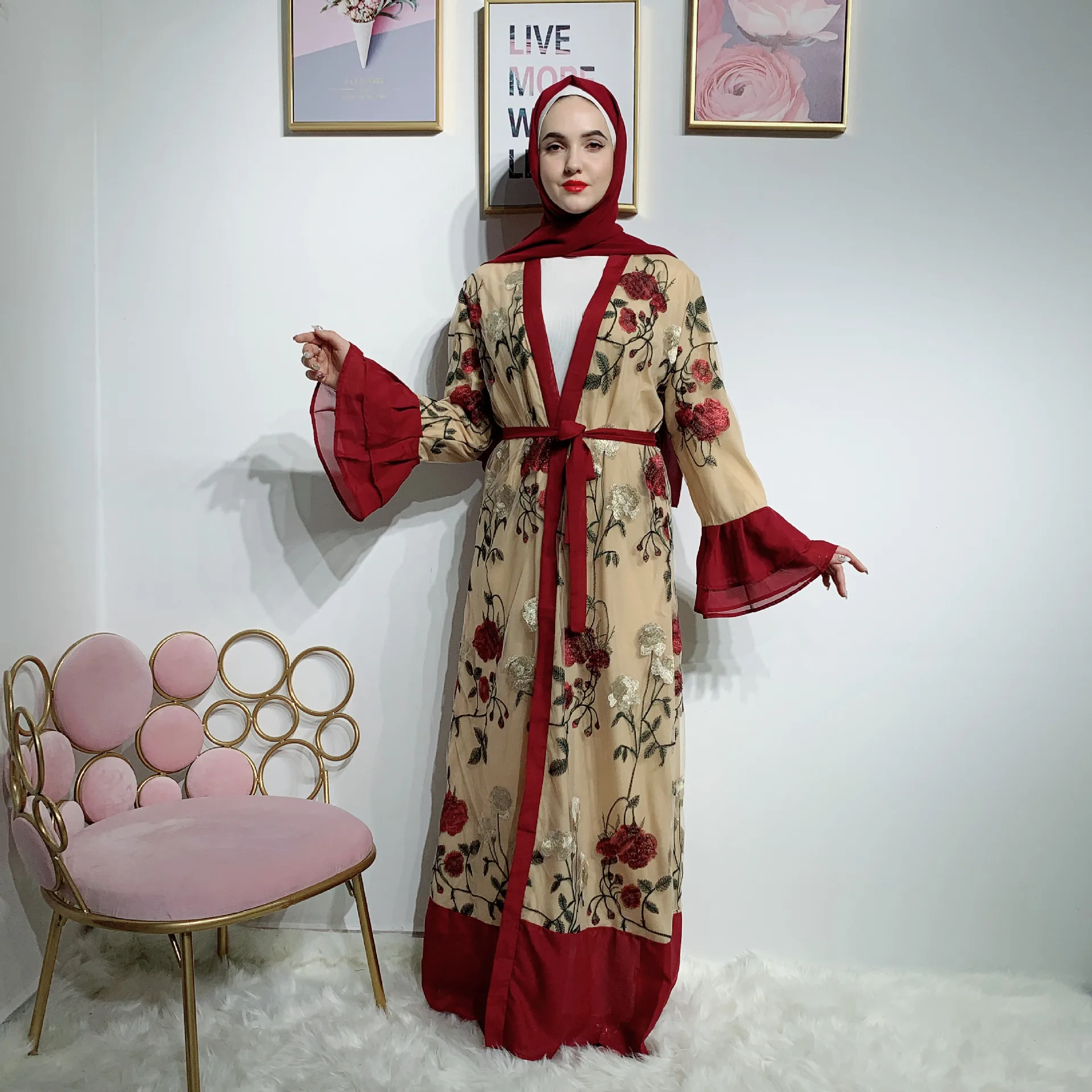 Мусульманский Хиджаб-платье Abaya женское кружевное кимоно с цветочной вышивкой и