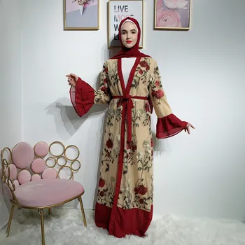 

Muslim Abaya Hijab Dress Women Lace Embroidery Floral Flare Sleeve Kimono Lace-up Islamic Clothing Caftan Marocain Kaftan Robe