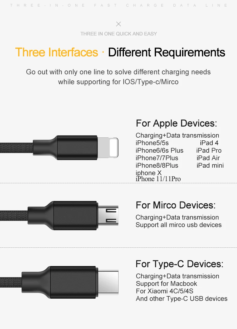 YAZH 3 в 1 Usb кабель для зарядки мобильного телефона Micro type дата кабель для Iphone Xs 11 8 Android samsung huawei Xiaomi зарядное устройство Шнур