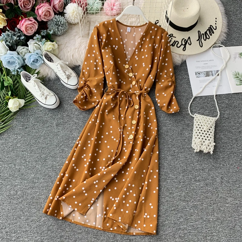 2019 Autumn New Womens Fashion Wave Point Frenulum Chiffon Dress Female Single Row Buckle Irregular Medium Long Slim Dresses | Женская