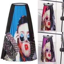 Модные очки, красивая плиссированная юбка с принтом, высокая талия, эластичная юбка, повседневные юбки, женская одежда, длина по щиколотку, уличная одежда. w