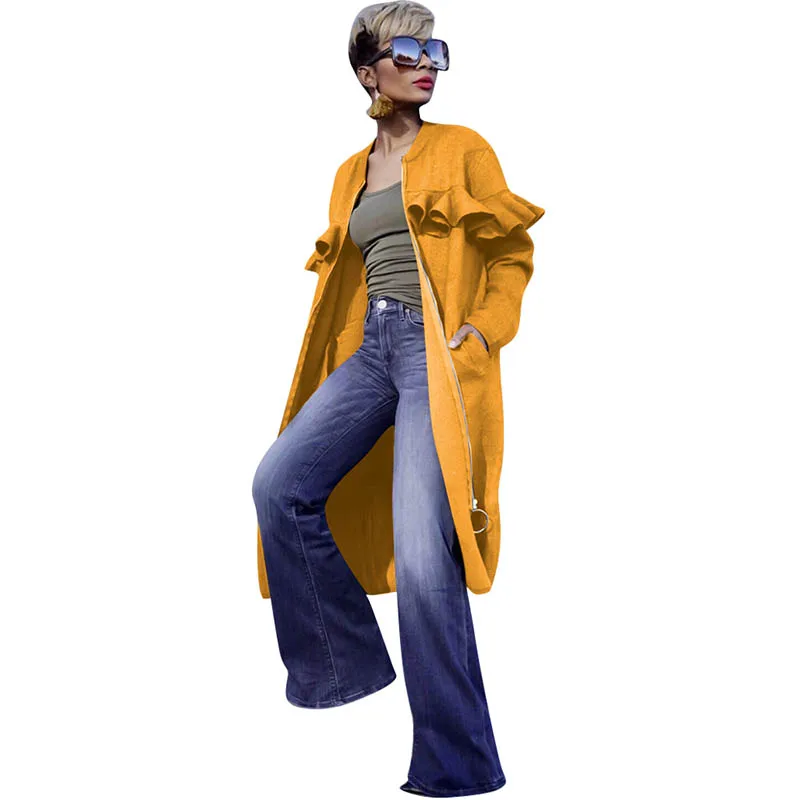 

Women 's Fashion Comfortable Fabric Zipper Design Plus Size Ruffle Splicing Coat Jackets Long Outerwear & Coats Casual