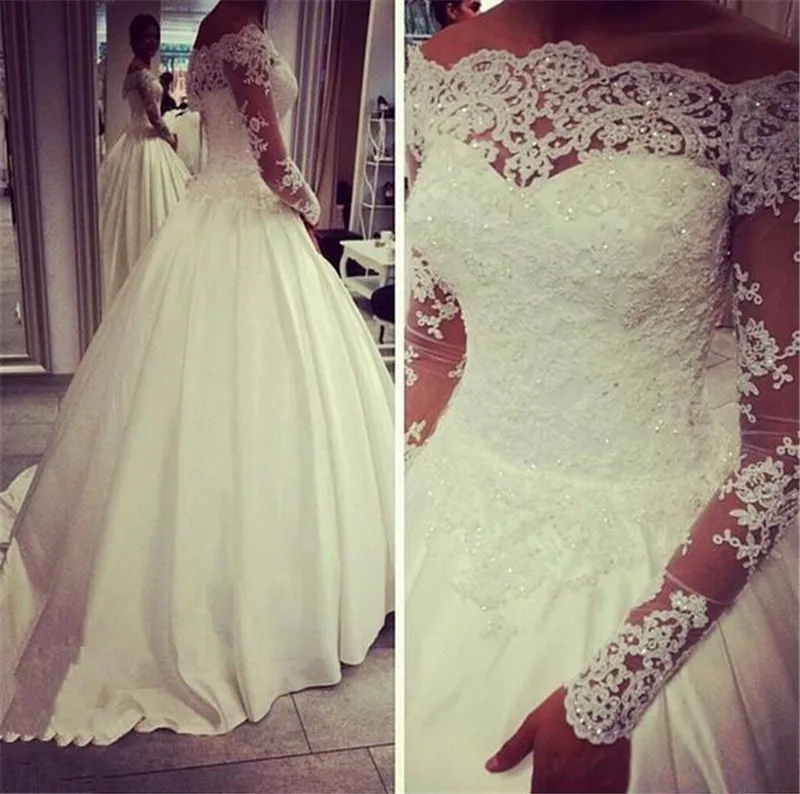 Vrouwen Lange Uit De Schouder Satin Lace Bridal Baljurk Met Mouwen 2018 Kralen Vestido De Noiva Moeder Van De bruid Jurken