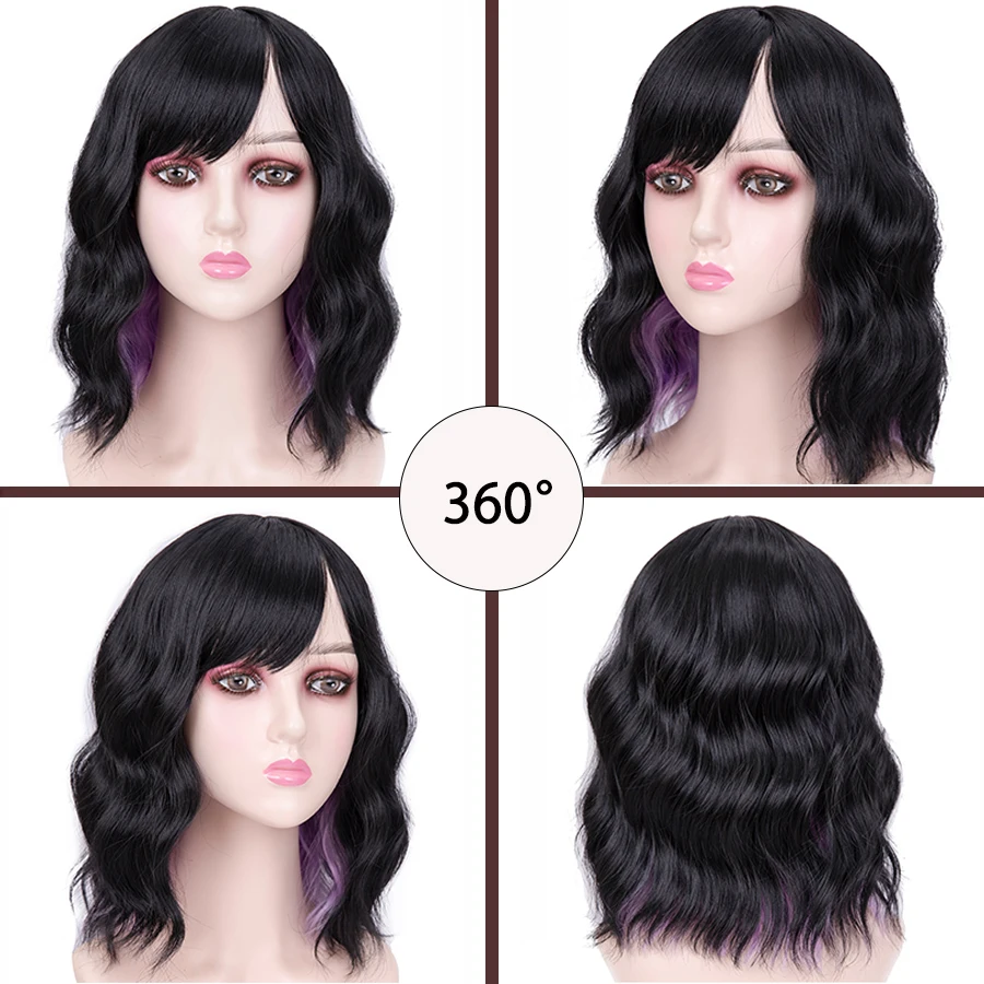 Short black Wig Synthetic Wigs with Bangs for Women Purple Water Wave Natural Bob Wigs Heat Resistant False Hair Cosplay
