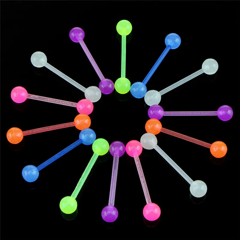 9PCS Plastic Tongue Piercing Barbell Bar Ring Luminous Body Jewelry Women Men Girl Acrylic Bioflexible Soft Glow in Dark Nipple - Окраска металла: 9PCS 1Set