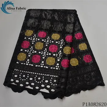 

Alisa black bazin riche fabric african lace hollow out design high quality embroidered 100% cotton fabrics french laces 5 yards